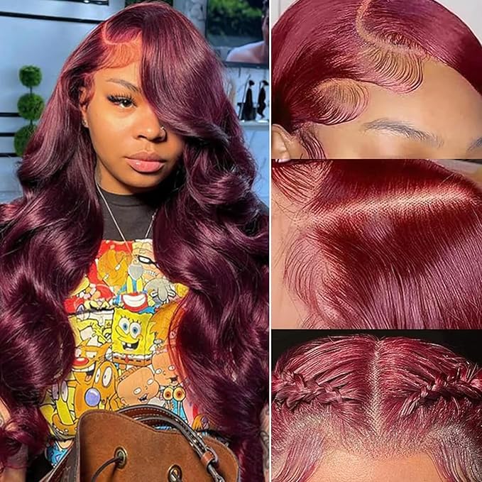 13x4 99J Burgundy Body Wave Lace Front Wigs Human Hair 180% Density Wine Red Color Wigs for Women HD Transparent Glueless Lace Front Wigs Human Hair Pre Plucked with Baby Hair 32 Inch