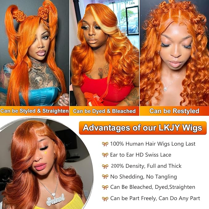 13x6 Ginger Orange Lace Front Wigs Human Hair Pre Plucked 200% Density Body Wave 13x6 HD Transparent Lace Frontal Wig Glueless 88J Colored Bralizian Virgin Human Hair Wigs for Black Women 24 inch