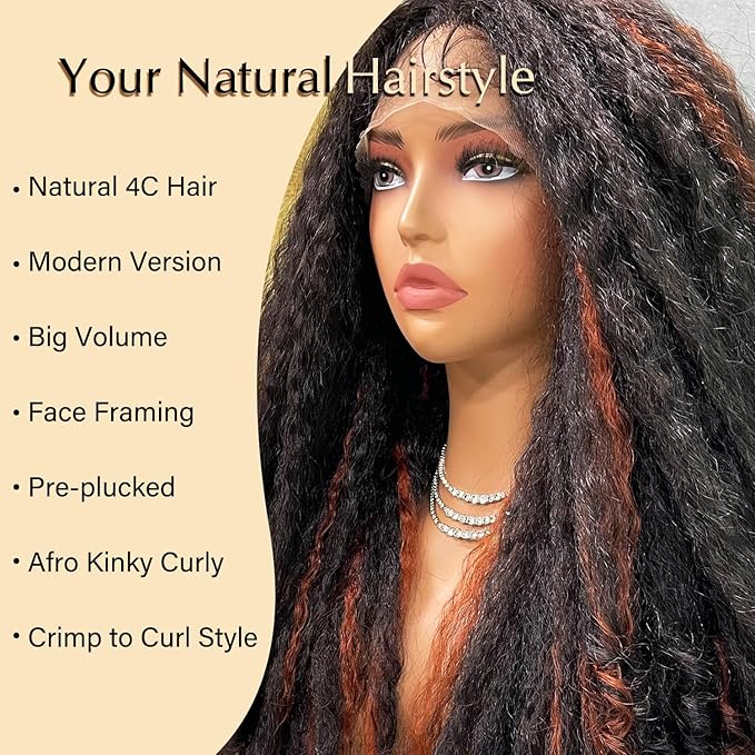SOKU Afro Kinky Straight Lace Front Wig Synthetic 20 Inch Highlight Brown Crimp to Curl Pre-plucked T Part Transparent Lace Yaki Wigs for Black Women Daily Wig