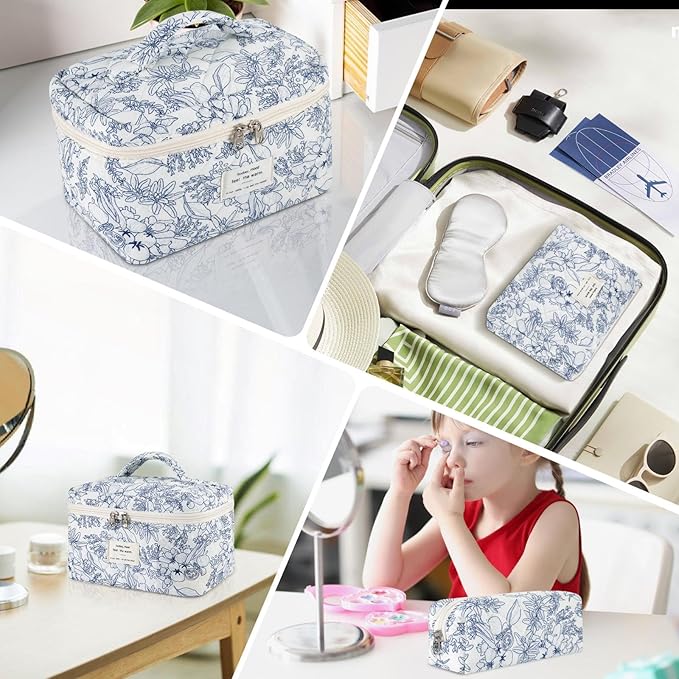 Makeup Bag, 3 Pcs Cotton Floral Quilted Makeup Bag Set, Large Toiletry Travel Cosmetic Bag for Women