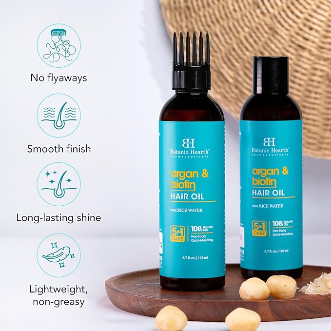 Botanic Hearth Argan & Biotin Hair Oil (6.7 fl oz) | Tames Frizz & Adds Shine | After Wash Lightweight Hair Oil | Repairs Dry, Damaged Hair | For All Hair Types | No Parabens