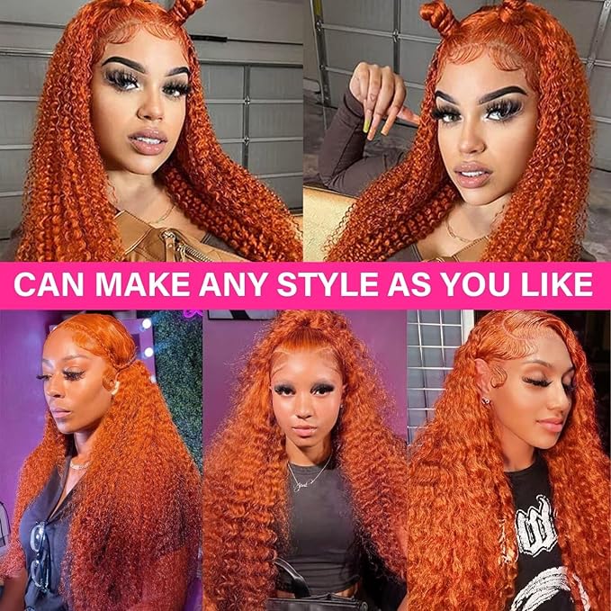 28 Inch Ginger Lace Front Wigs Human Hair Curly Hd 13x6 Lace Frontal Wig Human Hair Pre Plucked 180% Density Glueless Brazilian Orange Colored Transparent Lace Front Wig for Women Natural Hairline