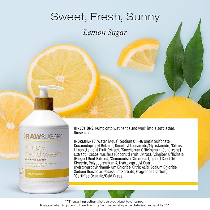 RAW SUGAR Simply Hand Wash, 16.9 Fl Oz (Pack of 3) Lemon Sugar Liquid Hand Soap for Kitchen or Bathroom, Cleanses & Refreshes Hands, Formulated without Sulfates & Parabens