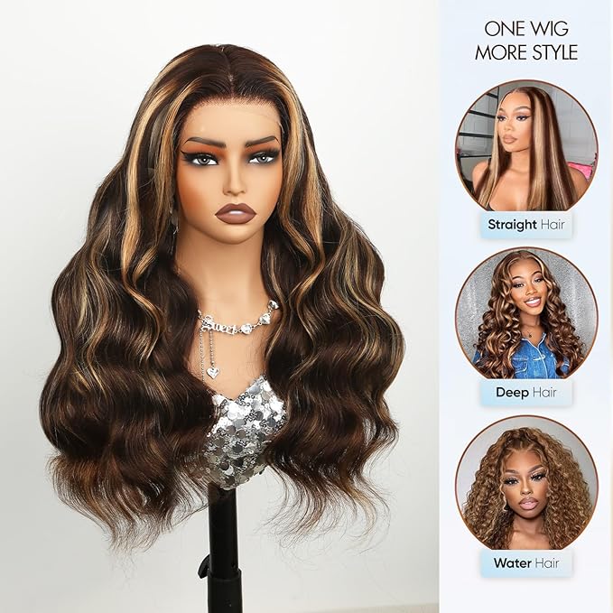 Ombre Lace Front Wig Human Hair, 13x6 HD Honey Blonde Body Wave Lace Frontal Wigs Human Hair with Baby Hair,210% Density Colored 4/27 Highlight Wig Human Hair for women 28 inch
