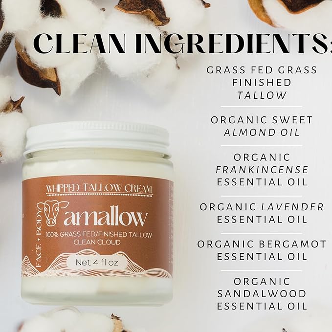 100% Grass Fed Beef Tallow for Skin Care - Face + Body - Whipped Moisturizer - Natural Lotion, 4 FL. oz. (Clean Cloud)