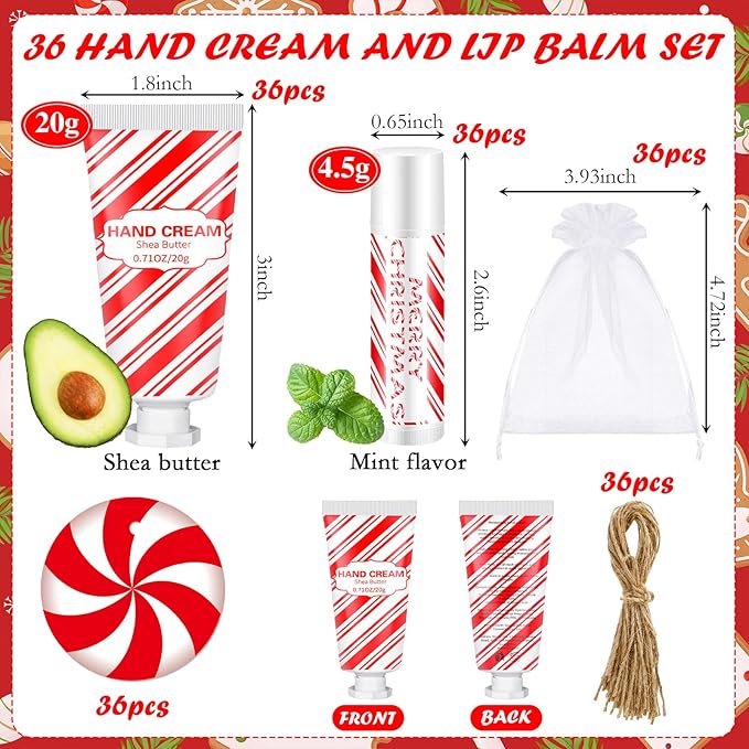 144 Pcs Christmas Candy Cane Lip Balm Hand Cream Set Party Favors Including 36 Lip Balm 36 Moisturizing Hand Cream 36 Bags 36 Cards and Ropes for Xmas Accessories Gifts
