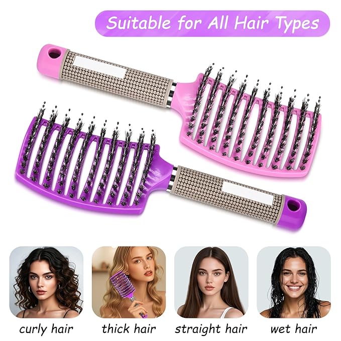 Wet Hair Detangling Brush for Blow Drying,Hair Detangler Brush for Women and Kids ,Boar Bristle Hair Brushes for Women Detangler 2 PACK(PINK+PURPLE)