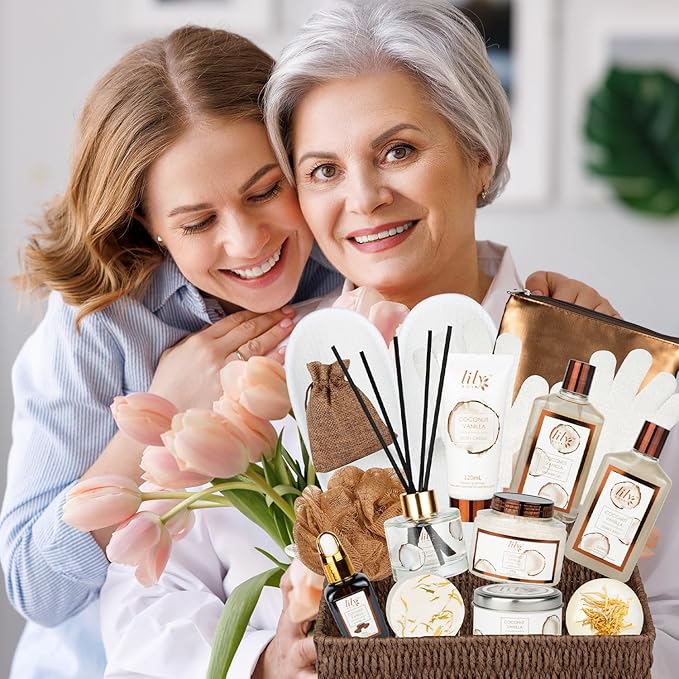 Fathers Day Gifts for Men Dad Coconut Vanilla Spa Gift Basket for Women 17-Piece Luxury Bath and Body Basket Set with Shower Gel Self Care Pampering Gifts for Mothers Day, Christmas, Birthday Gift