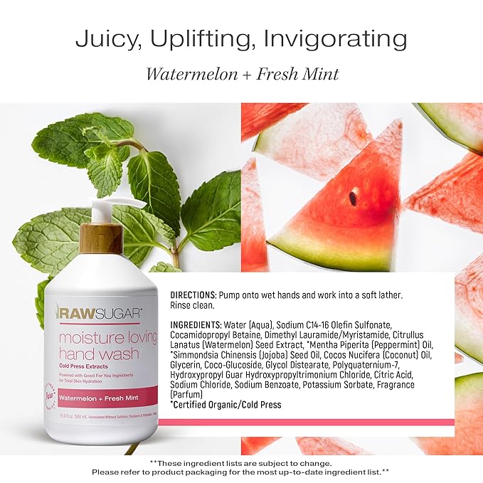 RAW SUGAR Moisture Loving Hand Wash, 16.9 Fl Oz (Pack of 3) Watermelon + Fresh Mint Liquid Hand Soap for Kitchen or Bathroom, Cleanses & Refreshes Hands, Formulated without Sulfates & Parabens