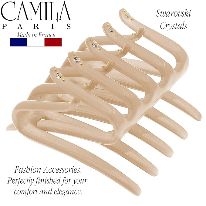 Camila Paris CP3095 French Two Sides Interlocking Comb, Beige, for Ponytail or Hair updo, Strong Hold Grip Hair Clips for Women, No Slip Durable Styling Girls Hair Accessories, Made in France