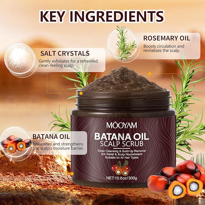 Scalp Scrub with Batana Oil, 2-in-1 Shampoo Scalp Exfoliator for Hair Treatment, Includes Silicone Scalp Massager, Removes Buildup & Dandruff, 10.6oz