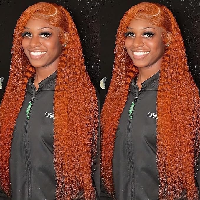 34 Inch 13x6 Lace Front Wig Human Hair Curly Ginger Hd Lace Front Wig Human Hair for Women 180% Density Orange Brazilian Deep Wave Lace Frontal Human Hair Wig Bleached Knots Pre Plucked with Baby Hair