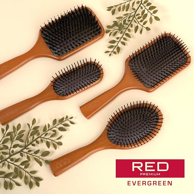 RED Premium Evergreen Wooden Paddle Brush, Detangling Brush with Long Bristles for Thick, Curly, Thin, Wet or Dry Hair - Long-Lasting Shine (Mini)