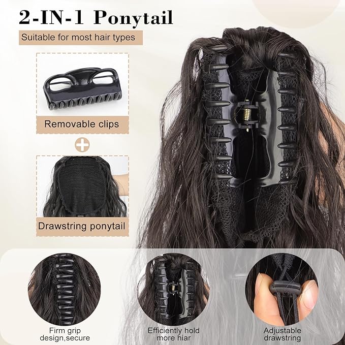 AISI BEAUTY Claw Ponytail Extensions, 30 Inch Long Curly Ponytail Clip in Hair Extension for Women, Fluffy Natural Looking Synthetic Ponytail Hairpiece for Daily Use(Black Brown)