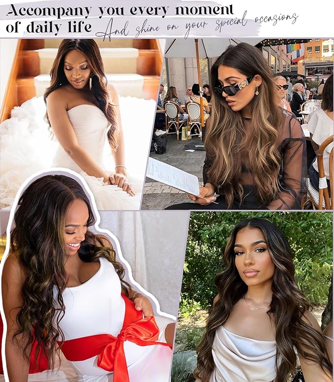13x4 Lace Front Wig Dark Brown Highlight Ombre Blonde Pre Plucked Hairline with Baby Hairs Glueless Long Wavy Synthetic Wig Heat Resistant for Daily Wear and Parties 26 inch