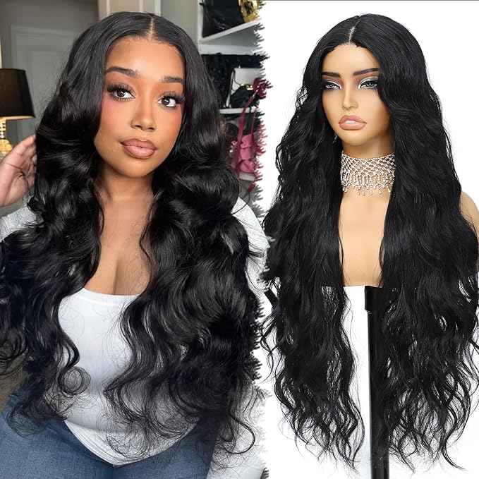 Synthetic Lace Front Wig 30Inch Long Wavy Natural Balck Pre Plucked Ready to Wear 4x1 Glueless Body Wave Wig for Black Women Heat Resistant Fiber Synthetic Hair
