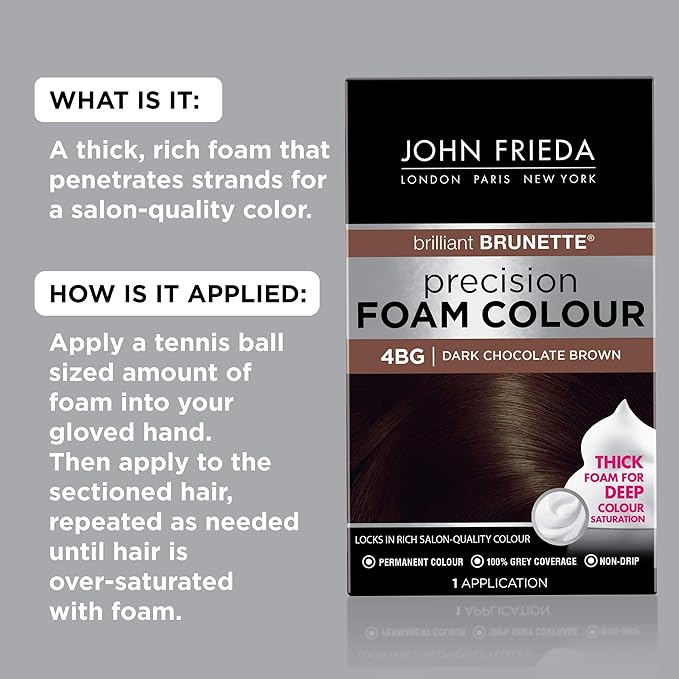 John Frieda Precision Foam Colour, Dark Chocolate Brown 4BG, Full-Coverage Hair Color Kit, Anti-Fade Gray Coverage, Deep Color Saturation Hair Dye, 1 Application