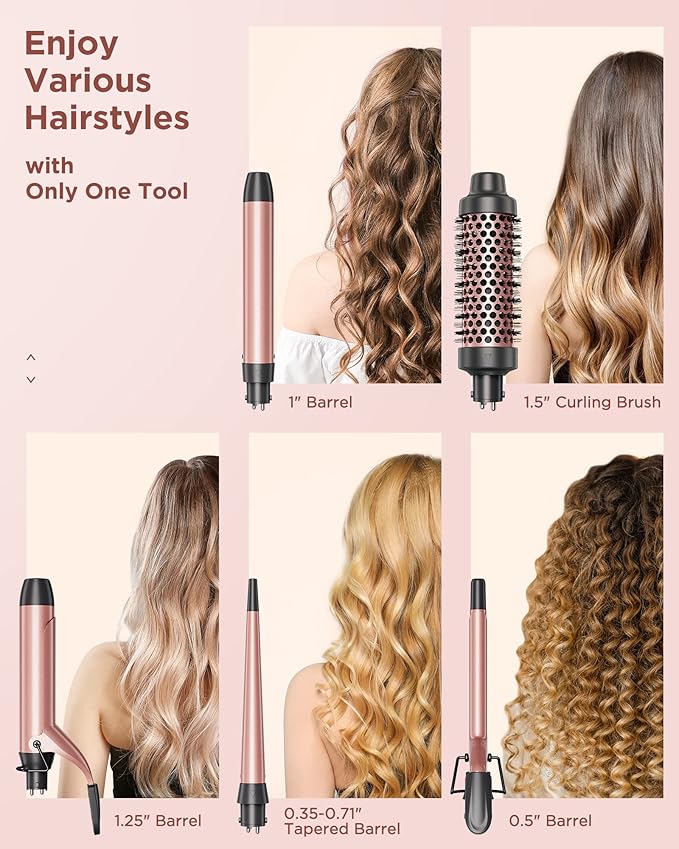 Wavytalk 5 in 1 Curling Iron Set with Curling Brush and 4 Interchangeable Ceramic Curling Wand (0.35"-1.25”), Instant Heat Up, Dual Voltage Hair Curler