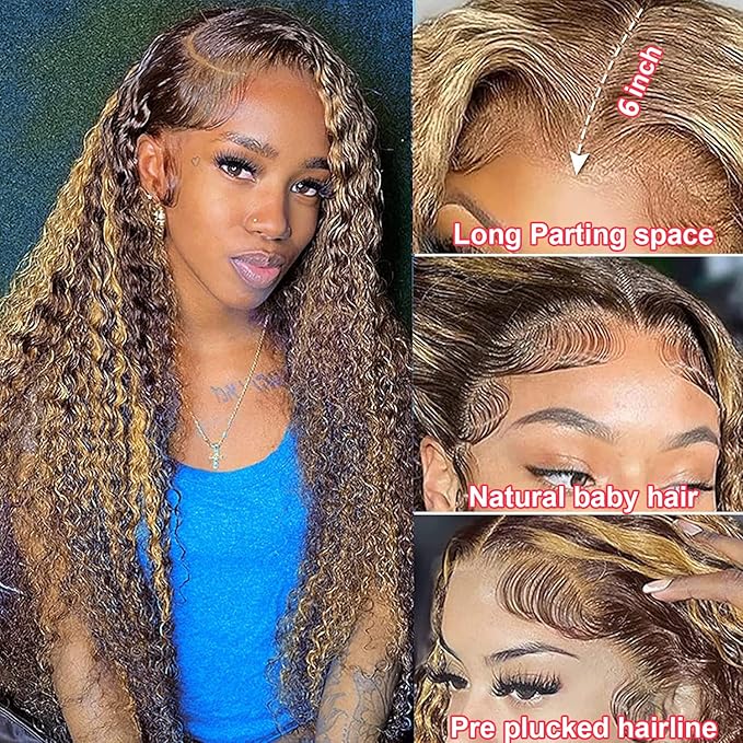 32 Inch Highlight Deep Wave Lace Front Wigs Human Hair 180% Density Ombre Honey Blonde Curly Human Hair Wig Pre Plucked with Baby Hair 4/27 HD Transparent 13x6 Lace Front Wigs Human Hair