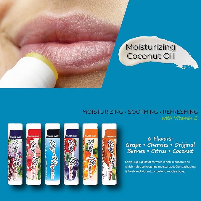 Vitamin E Lip Balm with Coconut Oil - Lip Moisturizer Treatment - Soothing, & Refreshing, Total Hydration Treatment & Lip Therapy - Assortment of 6 Refreshing Flavors, 60 Count