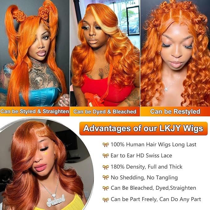 13x6 Ginger Orange Lace Front Wigs Human Hair Pre Plucked 200% Density Body Wave 13x6 HD Lace Frontal Wig Glueless 88J Colored Bralizian Virgin Human Hair Wigs for Black Women 26 inch
