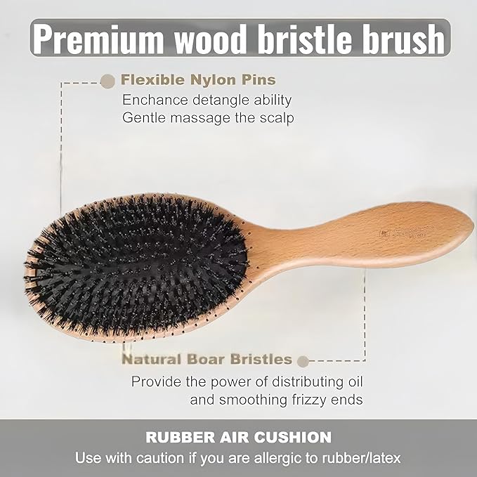 Paddle Hair Brush with Boar Bristles for All Hair Types, Professional Styling Brush for Men, Women (Brown)