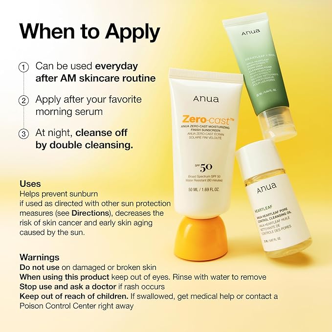 Anua Zero-Cast Moisturizing Finish Sunscreen,SPF 50, Glow Natural Sunscreen,No White cast, Hyaluronic Acid, Niacinamide sun block for face,Oil-Free, Oxybenzone free, Travel Essential (50ml/1.69fl.oz)