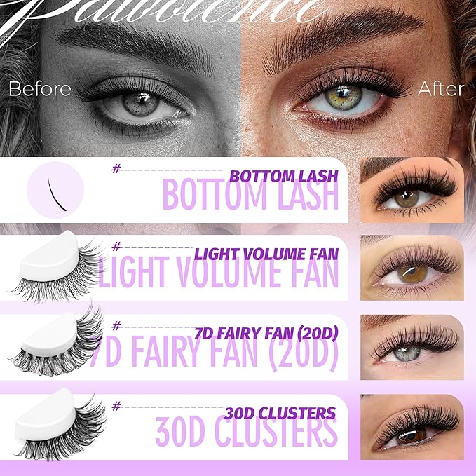 Pawotence Lash Extension Kit Lash Clusters Multi-types Individual Lashes Natural Bottom, Light Volume, 20D 30D Clusters Eyelash Extension Kit with Lash Bond and Seal, Lash Applicator for Self Use