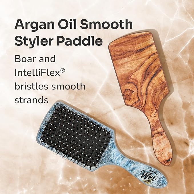 Wet Brush Paddle Shine Enhancer with Argan Oil, Distressed Wood - Ultra-Soft IntelliFlex Detangling Bristles with Boar Bristles For A Smooth & Shiny Finish - Pain-Free Hair Brush For Women & Men