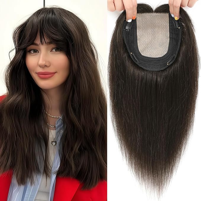 Hair Toppers for Women Real Human Hair, 360° 3D Toppers Pieces for Women with Thinning Crown Wispy Bangs 16 Inch Upgrade Big Basement (Dark Brown, 16 Inch Wispy Bangs)