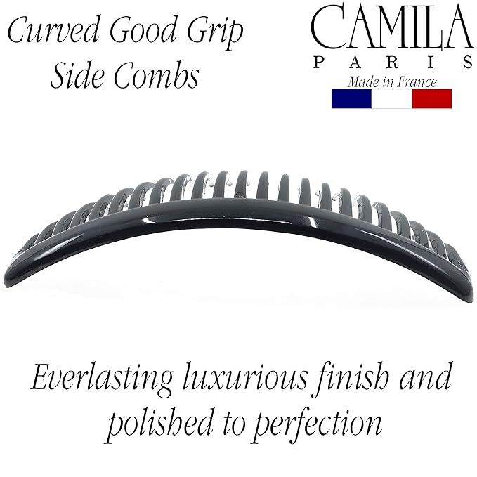 Camila Paris CP2910 French Side Combs Large Curved, Black French Twist Hair Combs Decorative, Strong Hold Hair Clips for Women Bun Chignon Up-Do, No Slip Styling Girls Hair Accessories, Made in France