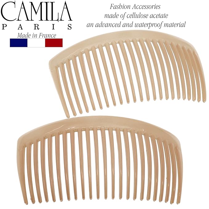 Camila Paris CP3022 French Side Combs Large Curved, Beige French Twist Hair Combs Decorative, Strong Hold Hair Clips for Women Bun Chignon Up-Do, No Slip Styling Girls Hair Accessories, Made in France