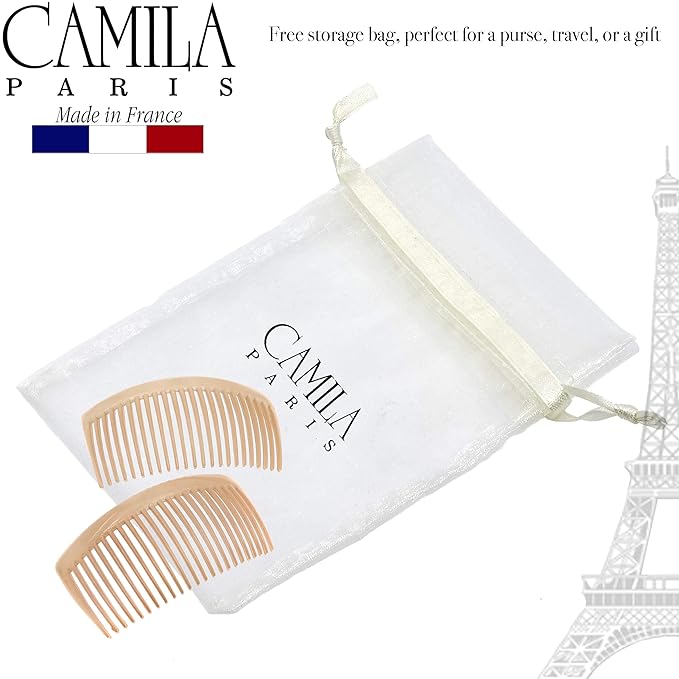 Camila Paris CP3022 French Side Combs Large Curved, Beige French Twist Hair Combs Decorative, Strong Hold Hair Clips for Women Bun Chignon Up-Do, No Slip Styling Girls Hair Accessories, Made in France