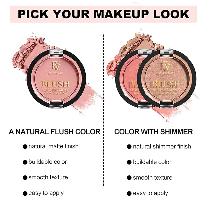 FV Long Lasting Powder Blush - Lightweight Smooth & Blendable Cheek Makeup, High Buildable Color, Transfer-Resistant Shimmer Finish (Rose Shimmer, 0.17 OZ)