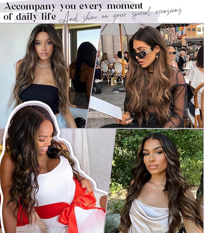 13x4 Synthetic Lace Front Wig Long Wavy Dark Brown Wig with Realistic Hairline 26 inch Pre Plucked Body Wave Lace Wig for Daily Party Use