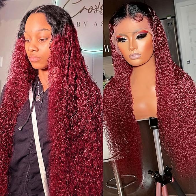 13X6 Burgundy 99J Curly Lace Front Wig Human Hair HD Lace Front Human Hair Wig Pre Plucked 180% Density Ombre 1b/99J Curly Transparent Lace Front Wigs for Women Colored Wigs 28 inch