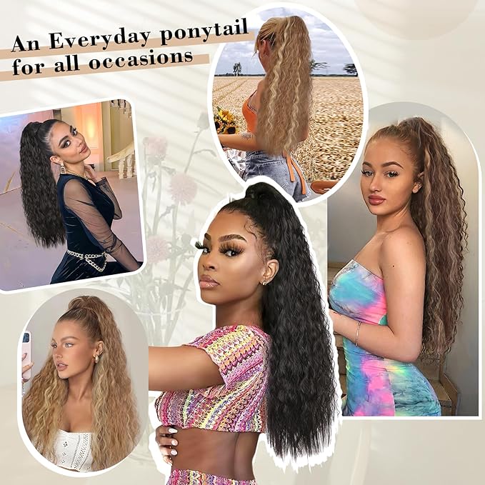 AISI BEAUTY Claw Clip Ponytail Extensions,30 Inch Long Curly Ponytail Extension for Women Fluffy Blonde Highlights Synthetic Ponytail Hairpiece for Daily Use
