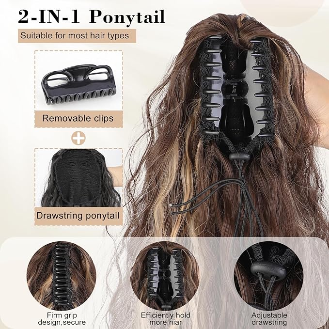 AISI BEAUTY 30 Inch Brown Highlights Ponytail Extension,Claw Clip Curly Ponytail Hair Extension for Women, Long Fluffy Synthetic Clip in Ponytail Hairpiece for Daily Use
