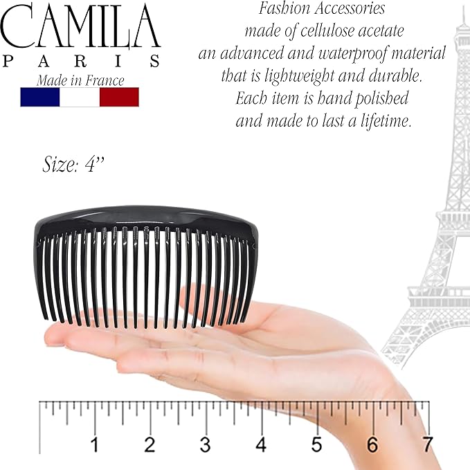 Camila Paris French Side Combs Large 4 Colors Each Curved French Twist Hair Combs Decorative, Strong Hold Hair Clips for Women Bun Chignon Up-Do, No Slip Styling Girls Hair Accessories, Made in France