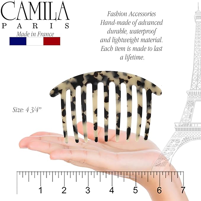 Camila Paris CP3160 French Handmade Side Comb Rounded, White Tokyo, French Twist Hair Combs Decorative, Strong Hold Hair Clips for Women Bun Chignon Up-Do Styling Girls Hair Accessories Made in France
