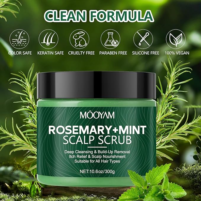 Scalp Scrub with Rosemary & Mint, 2-in-1 Exfoliating Shampoo for Hair Treatment, Includes Silicone Scalp Massager, Removes Buildup & Dandruff, 10.6oz