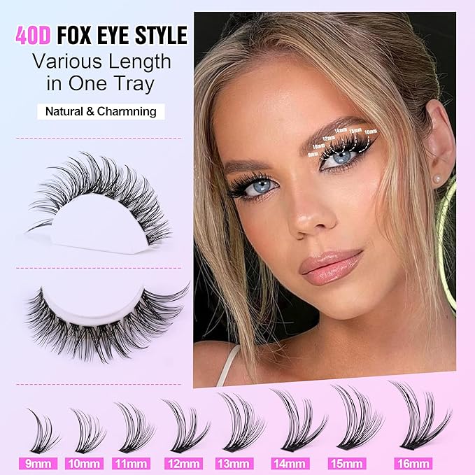 Pawotence Lash Clusters Kit Cat Eye Lash Extension Kit DIY 9-16mm Cluster Eyelash Extensions Kit 40D Individual Lashes with Lash Bond and Seal, Lash Tweezers for Self Use (Fox 40D, 9-16mm, Kit)