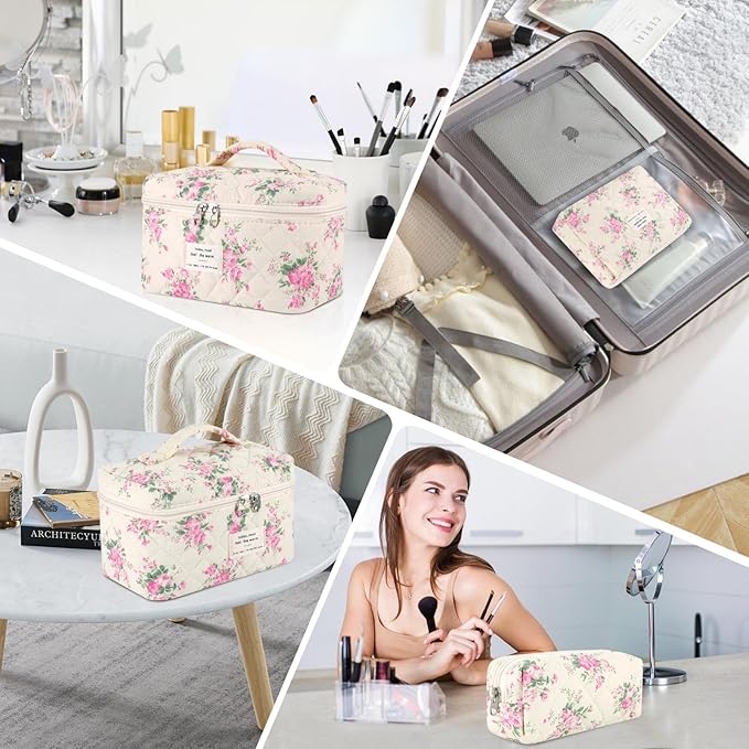 Makeup Bag, 3 Pcs Cotton Floral Quilted Makeup Bag Set, Large Toiletry Travel Cosmetic Bag for Women