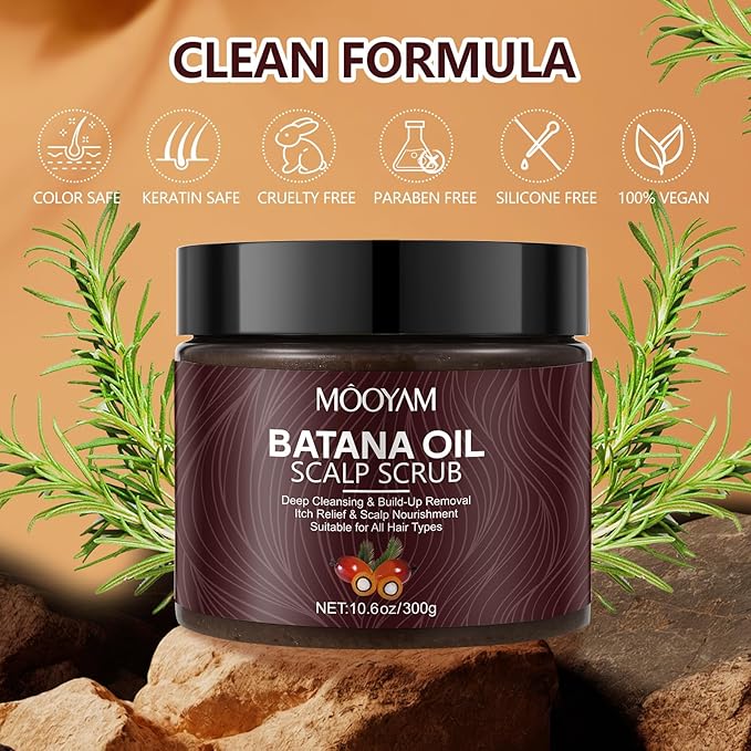 Scalp Scrub with Batana Oil, 2-in-1 Shampoo Scalp Exfoliator for Hair Treatment, Includes Silicone Scalp Massager, Removes Buildup & Dandruff, 10.6oz