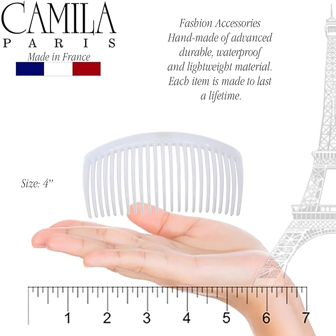 Camila Paris CP3024 French Side Combs Large Curved, White French Twist Hair Combs Decorative, Strong Hold Hair Clips for Women Bun Chignon Up-Do, No Slip Styling Girls Hair Accessories, Made in France