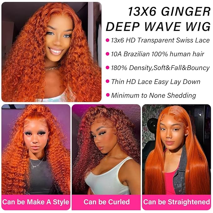 Ginger Lace Front Wigs Human Hair 13x6 Deep Wave Hd Lace Front Wig for Women 180% Density Glueless Orange Colored Curly Lace Frontal Wig Human Hair Pre Plucked Bleached Knots With Baby Hair 20 Inch