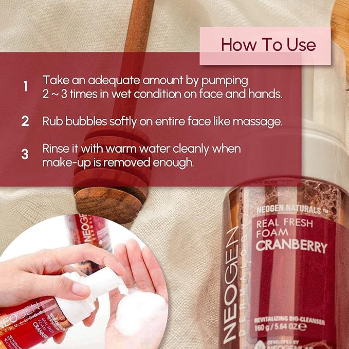 DERMALOGY by NEOGENLAB Real Fresh Foam Cleanser, Cranberry 5.6 Fl Oz (160g) - Revitalizing & Hydrating Gentle Cleansing Foam with Real Cranberries, Clean Beauty - Korean Skin Care