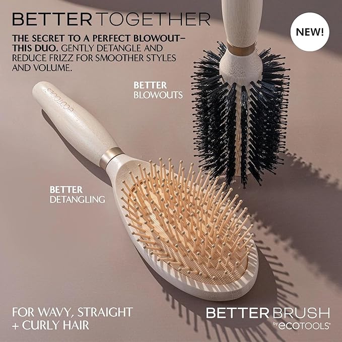 EcoTools Volumizing Round Hairbrush, Achieve Full Blow Out, Heat Resistant For Easy Blow Drying, Vegan Bristles Tame Frizz & Smooth Hair, Made With Renewable Bamboo, Cruelty-Free, 1 Count