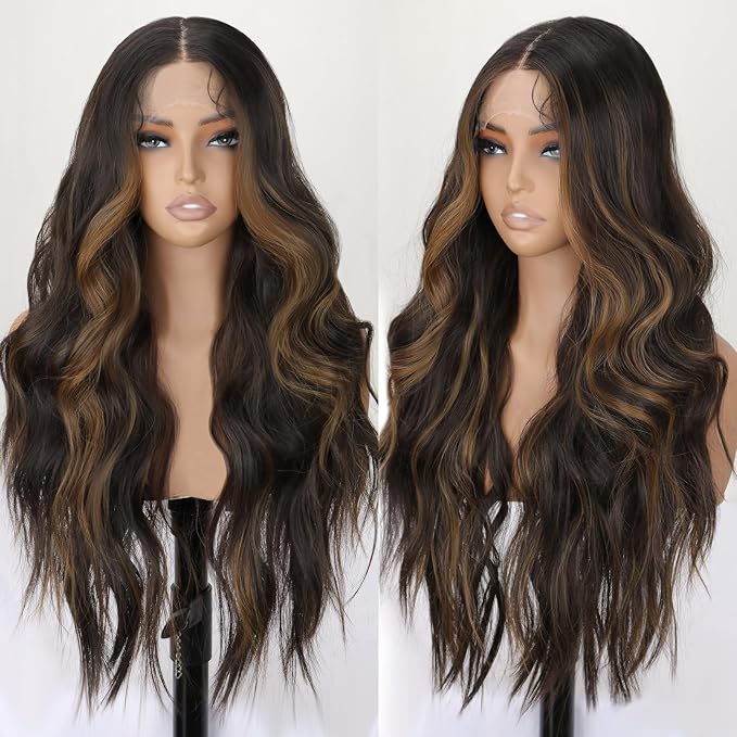 13x4 Lace Front Wig Dark Brown Highlight Ombre Blonde Pre Plucked Hairline with Baby Hairs Glueless Long Wavy Synthetic Wig Heat Resistant for Daily Wear and Parties 26 inch