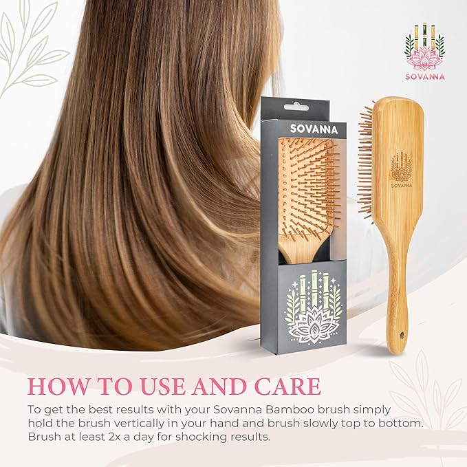 Sovanna Bamboo-Vegan Hairbrush, Fast Hairgrowth, Anti-Static Paddle Brush for All Hair Types, Plastic-Free